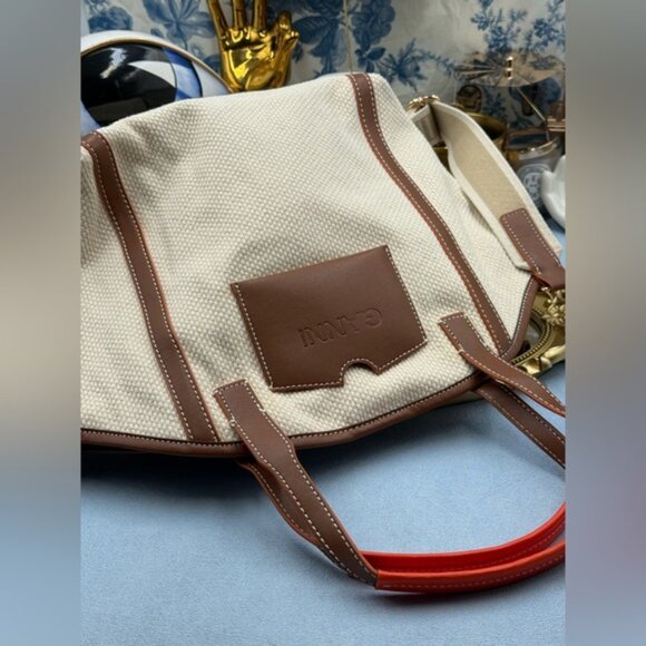 🆕 GANNI 🧿 NWT Small Banner Tote, Egret Cream Canvas & Tan Leather - Picture 10 of 14
